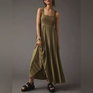 Anthropologie Olive Green Smocked Pleated Maxi Dress